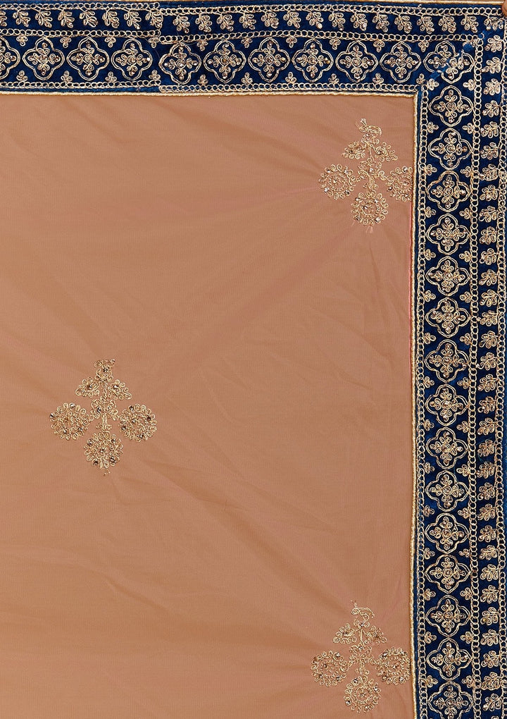 Peacock Blue Zariwork Velvet Designer Semi-Stitched Lehenga - Koskii