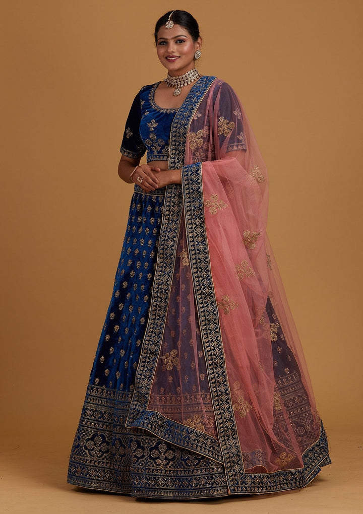 Peacock Blue Zariwork Velvet Designer Semi-Stitched Lehenga - Koskii