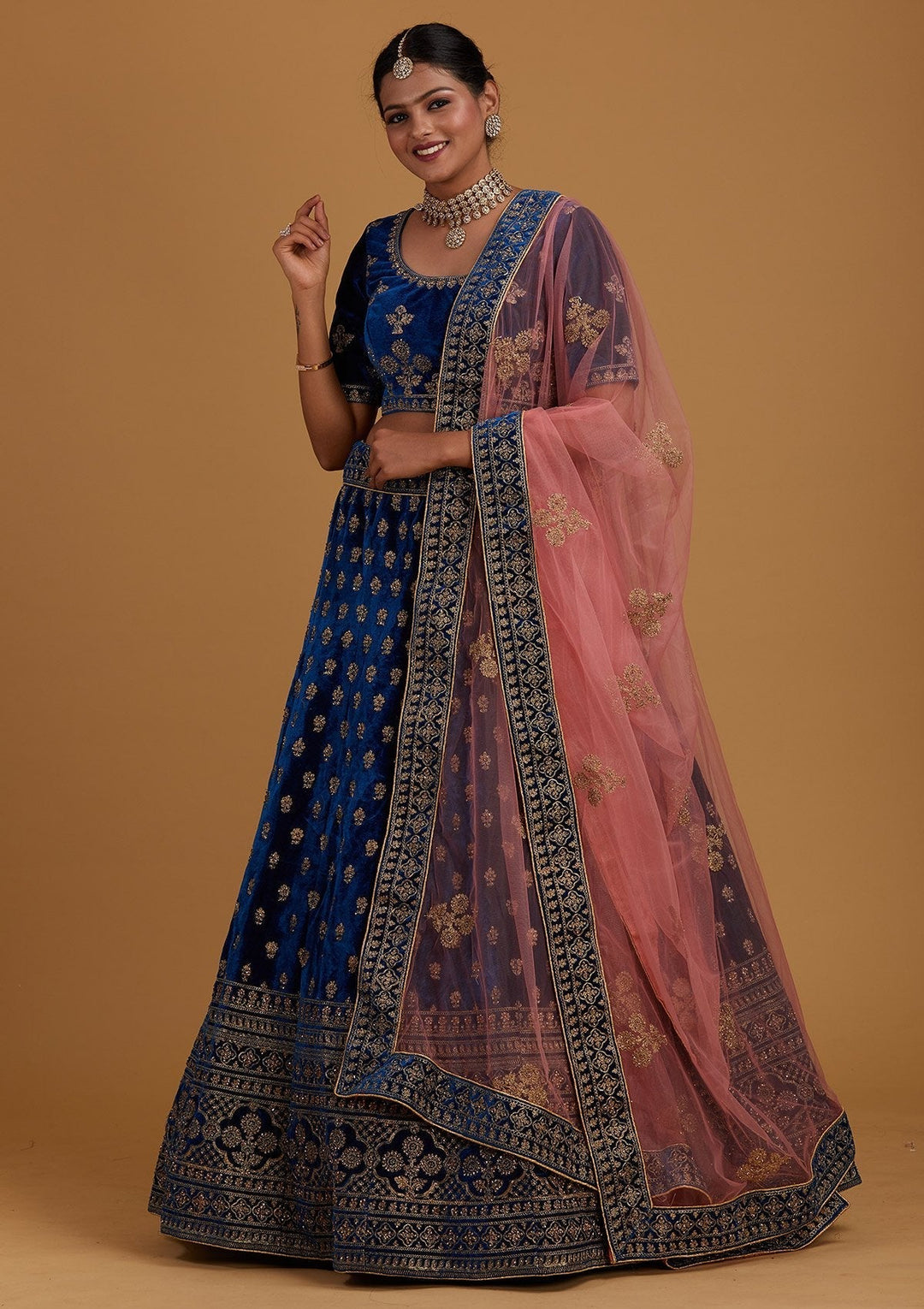 Peacock Blue Zariwork Velvet Designer Semi-Stitched Lehenga - Koskii
