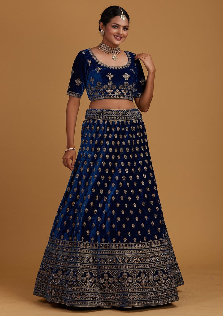 Peacock Blue Zariwork Velvet Designer Semi-Stitched Lehenga - Koskii