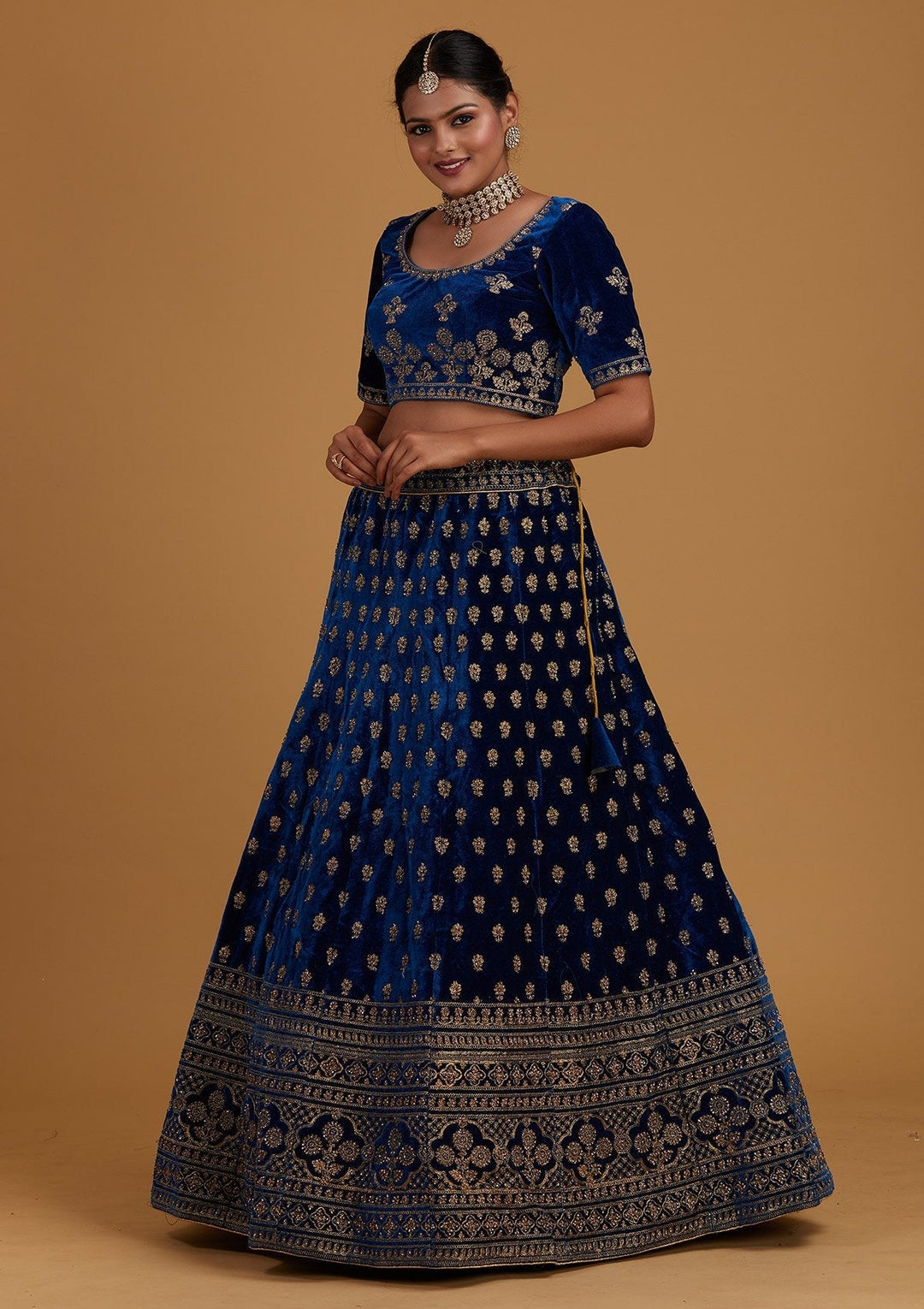 Peacock Blue Zariwork Velvet Designer Semi-Stitched Lehenga - Koskii