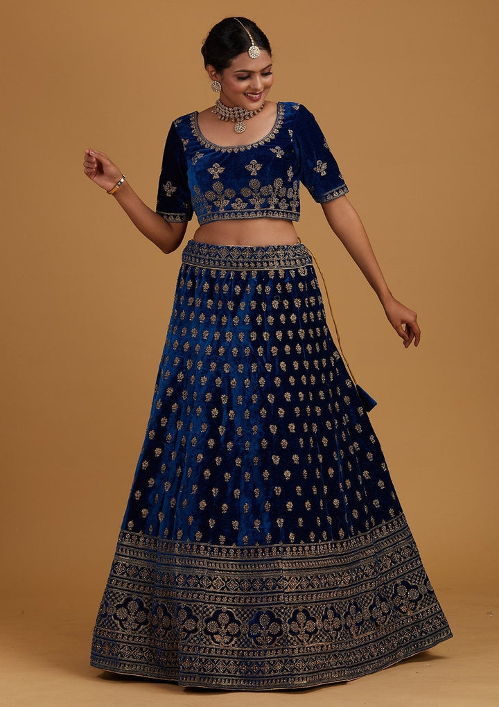 Peacock Blue Zariwork Velvet Designer Semi-Stitched Lehenga - Koskii
