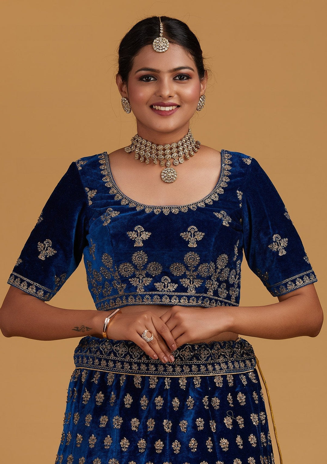 Peacock Blue Zariwork Velvet Designer Semi-Stitched Lehenga - Koskii