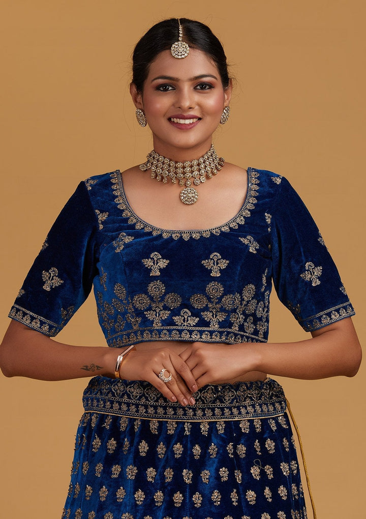 Peacock Blue Zariwork Velvet Designer Semi-Stitched Lehenga - Koskii