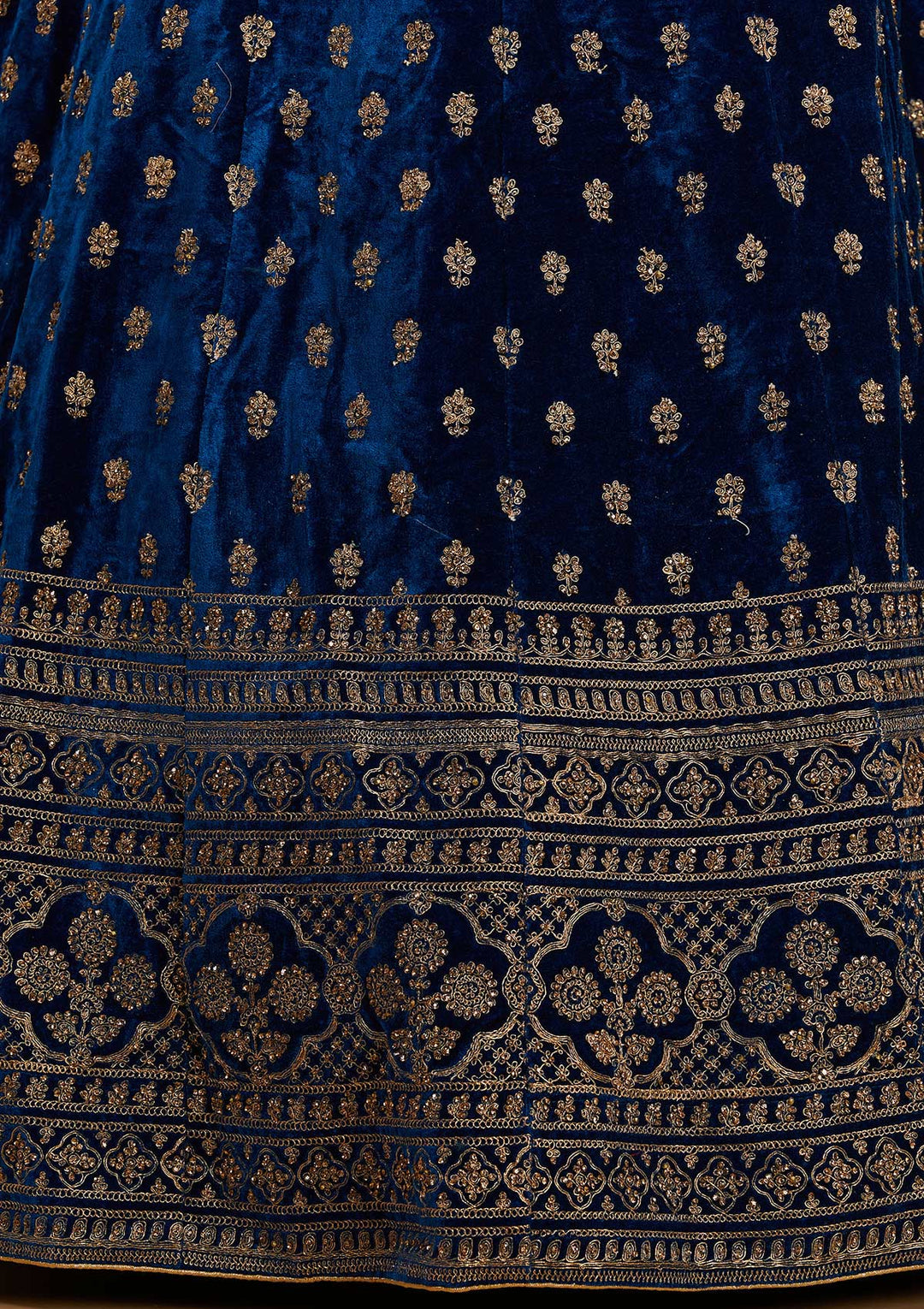 Peacock Blue Zariwork Velvet Designer Semi-Stitched Lehenga - Koskii