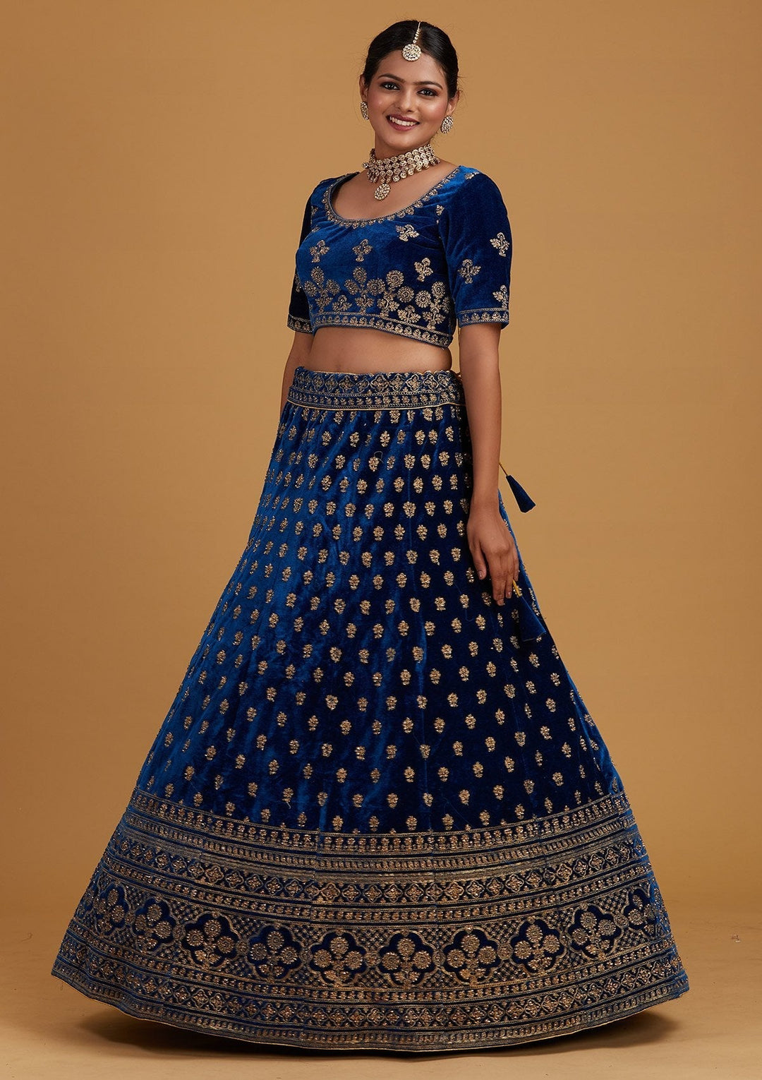 Peacock Blue Zariwork Velvet Designer Semi-Stitched Lehenga - Koskii