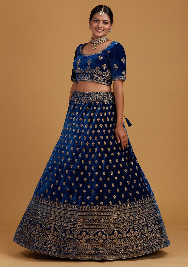 Peacock Blue Zariwork Velvet Designer Semi-Stitched Lehenga - Koskii