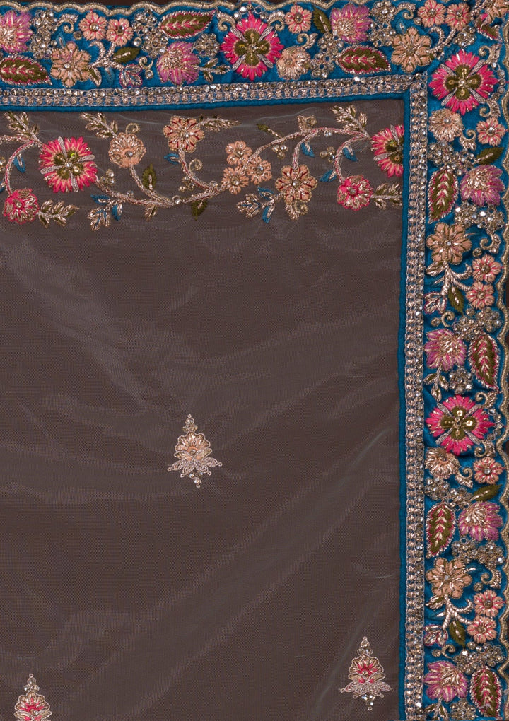 Peacock Blue Zariwork Velvet Designer Lehenga-Koskii