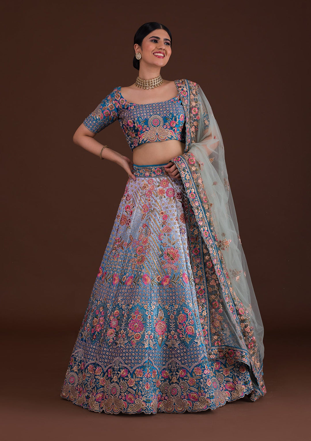 Peacock Blue Zariwork Velvet Designer Lehenga-Koskii