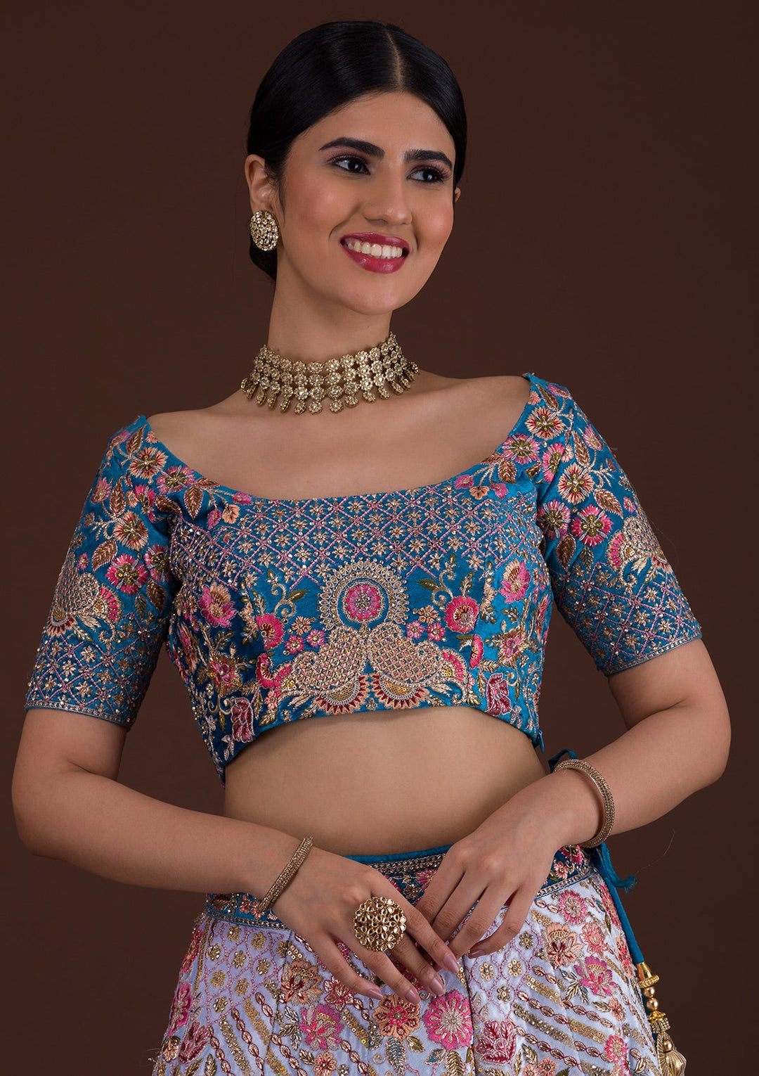 Peacock Blue Zariwork Velvet Designer Lehenga-Koskii