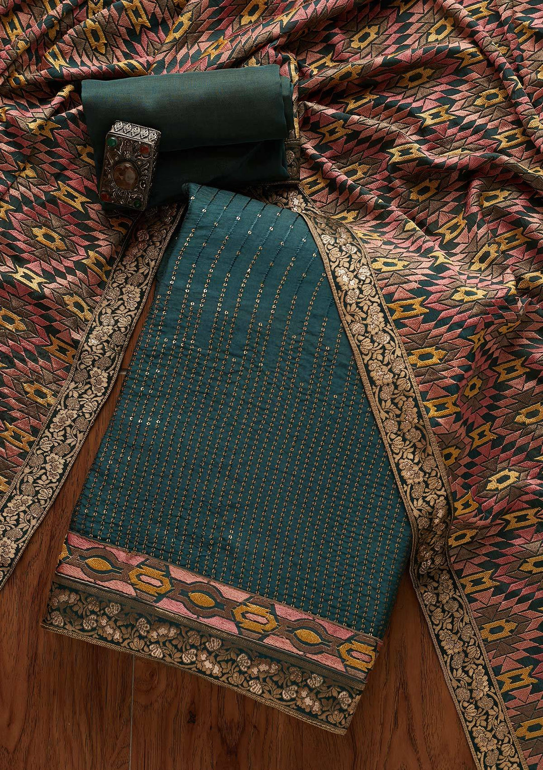 Peacock Green Chikankari Semi Crepe Unstitched Salwar Suit - Koskii