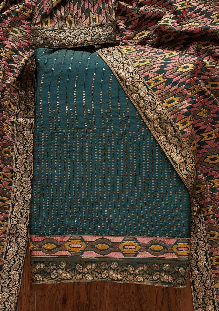 Peacock Green Chikankari Semi Crepe Unstitched Salwar Suit - Koskii