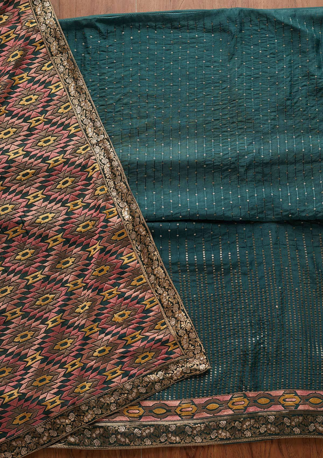 Peacock Green Chikankari Semi Crepe Unstitched Salwar Suit - Koskii
