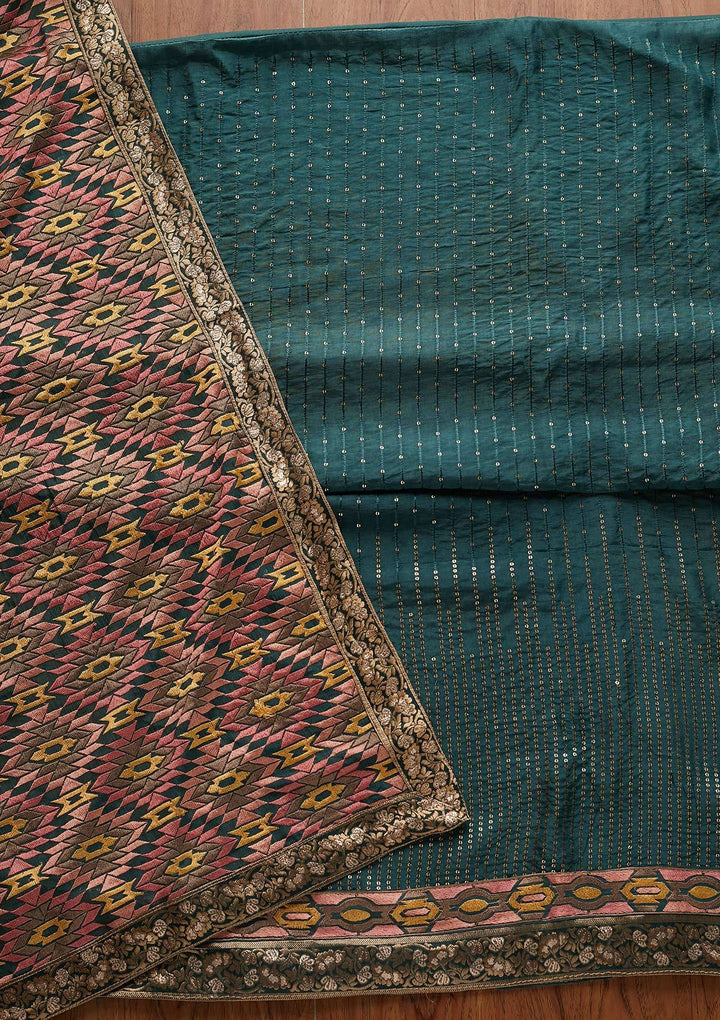 Peacock Green Chikankari Semi Crepe Unstitched Salwar Suit - Koskii