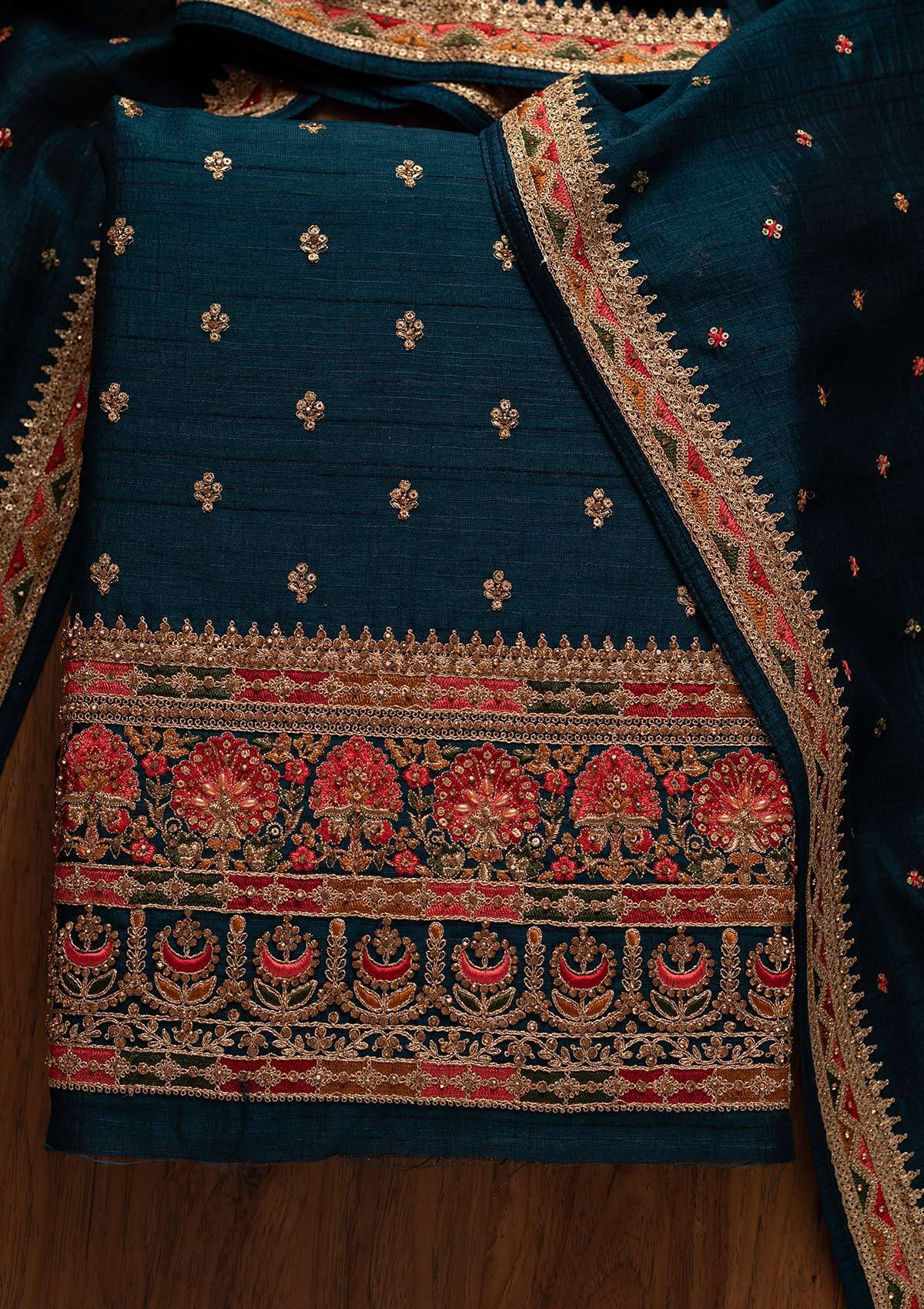 Peacock Green Stonework Raw Silk Designer Unstitched Salwar Suit - koskii