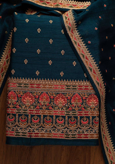 Peacock Green Stonework Raw Silk Designer Unstitched Salwar Suit - koskii
