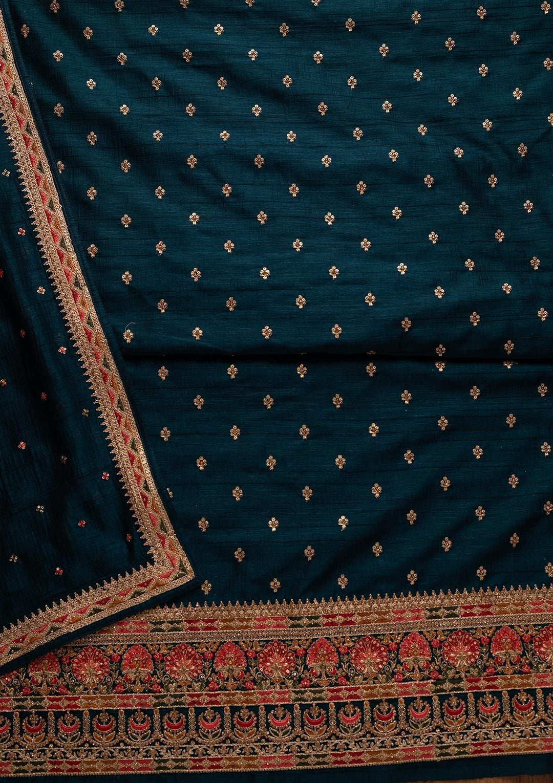 Peacock Green Stonework Raw Silk Designer Unstitched Salwar Suit - koskii