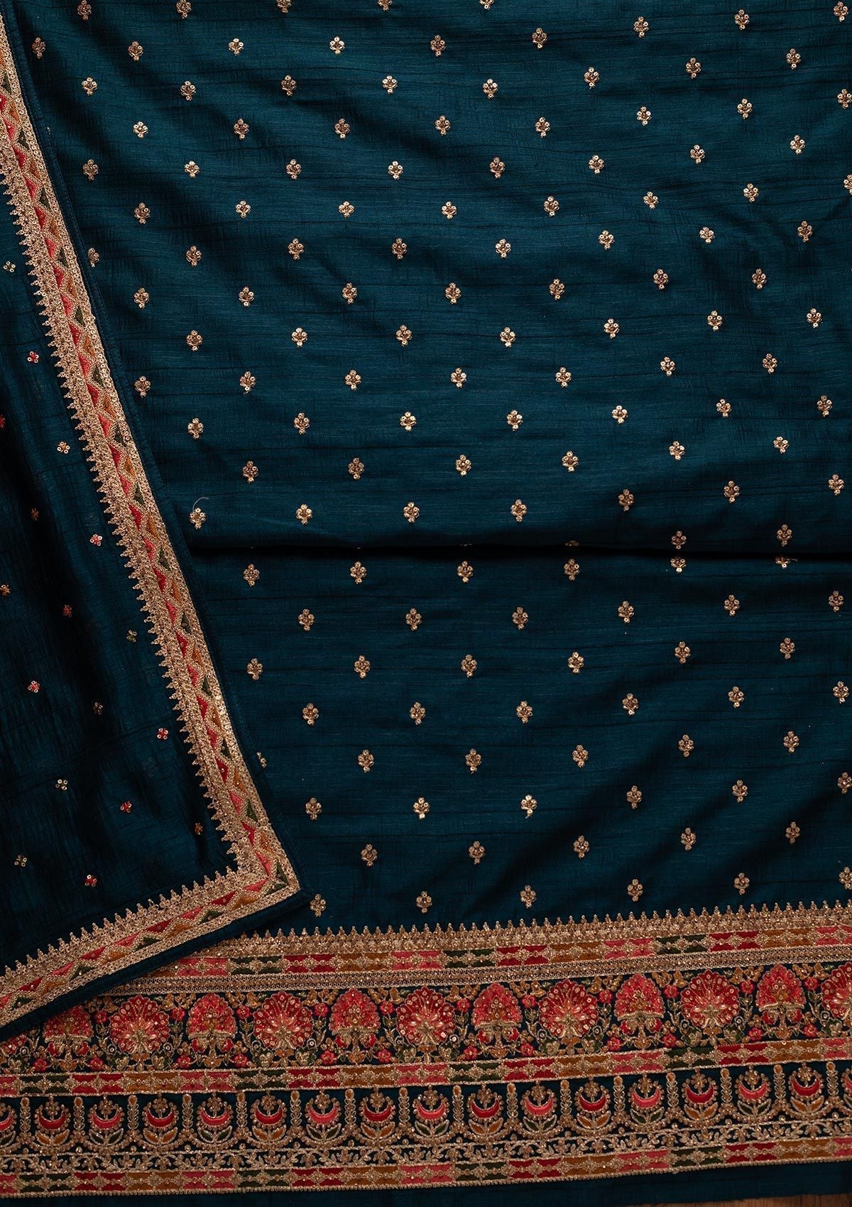 Peacock Green Stonework Raw Silk Designer Unstitched Salwar Suit - koskii