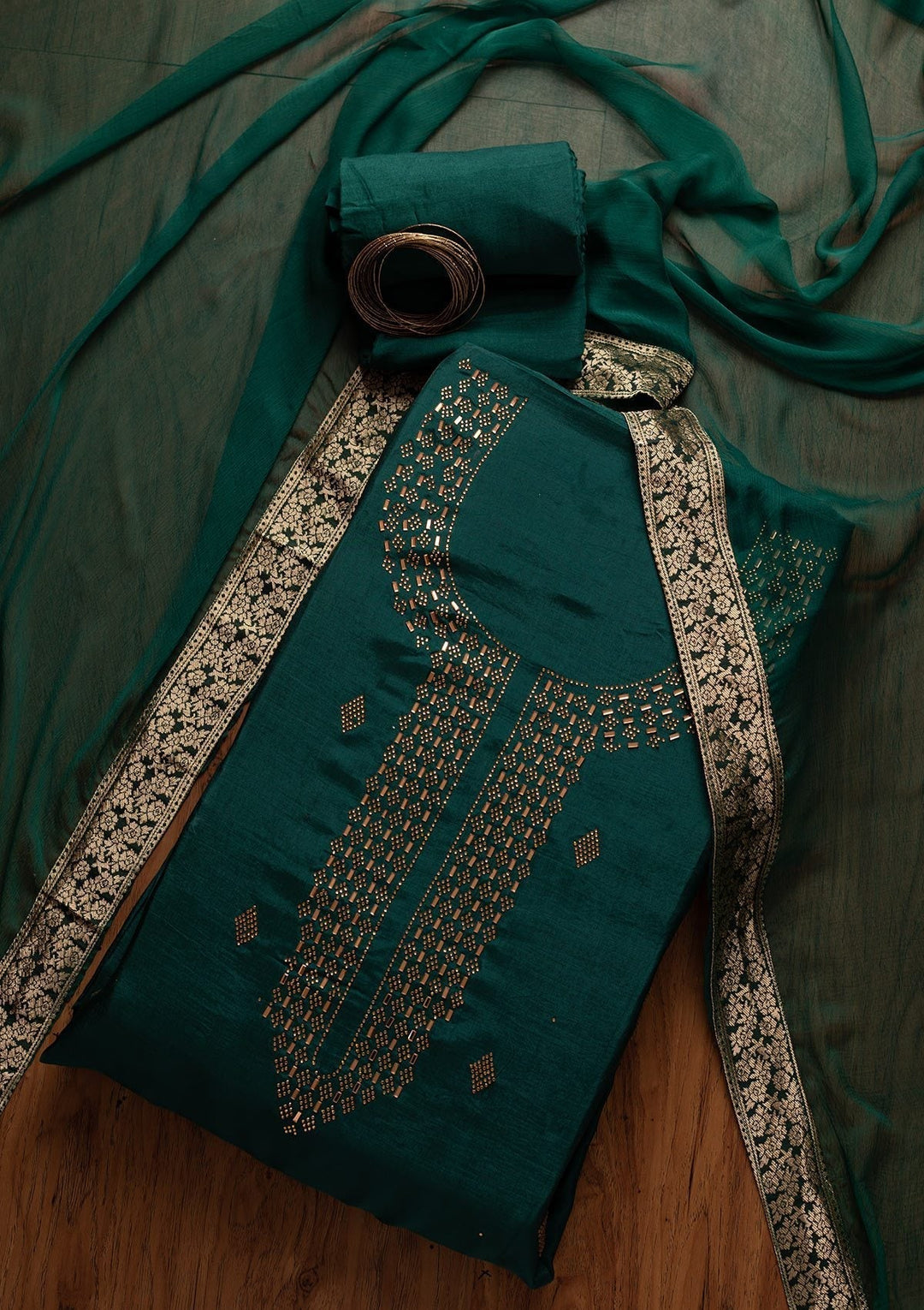 Peacock Green Swarovski Satin Designer Unstitched Salwar Suit - koskii