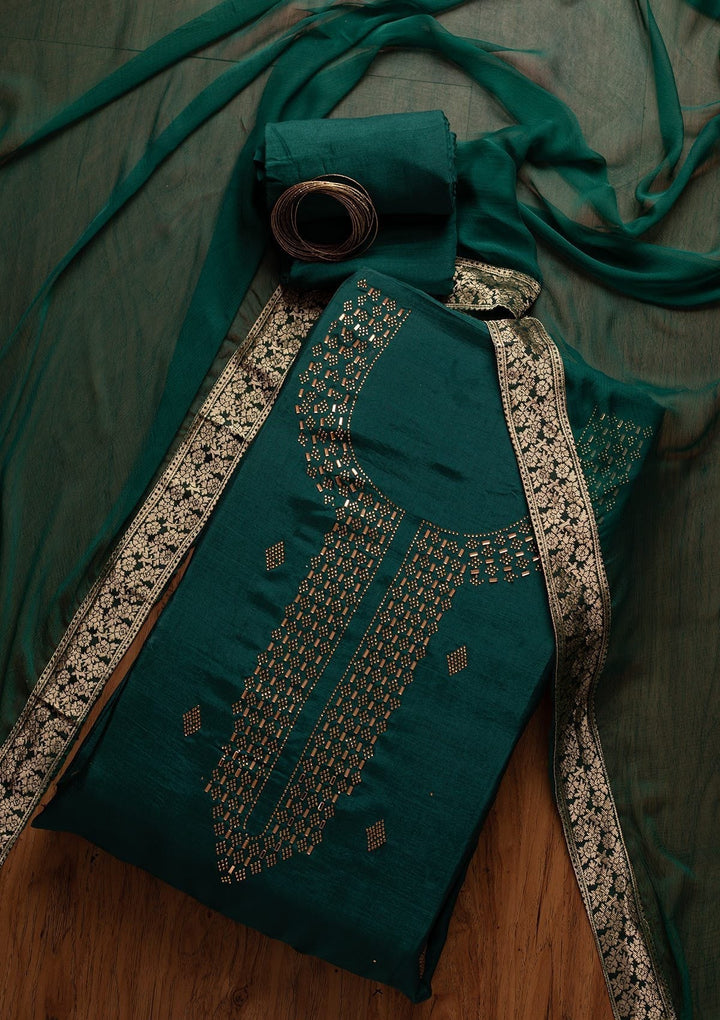 Peacock Green Swarovski Satin Designer Unstitched Salwar Suit - koskii