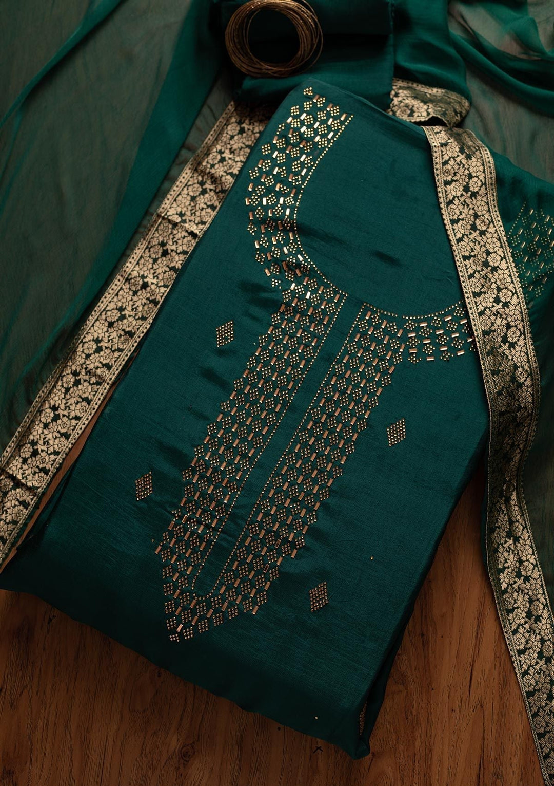 Peacock Green Swarovski Satin Designer Unstitched Salwar Suit - koskii