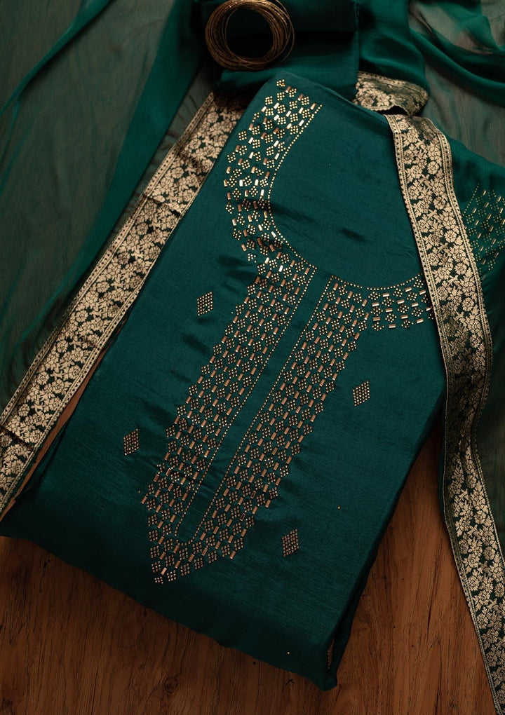 Peacock Green Swarovski Satin Designer Unstitched Salwar Suit - koskii