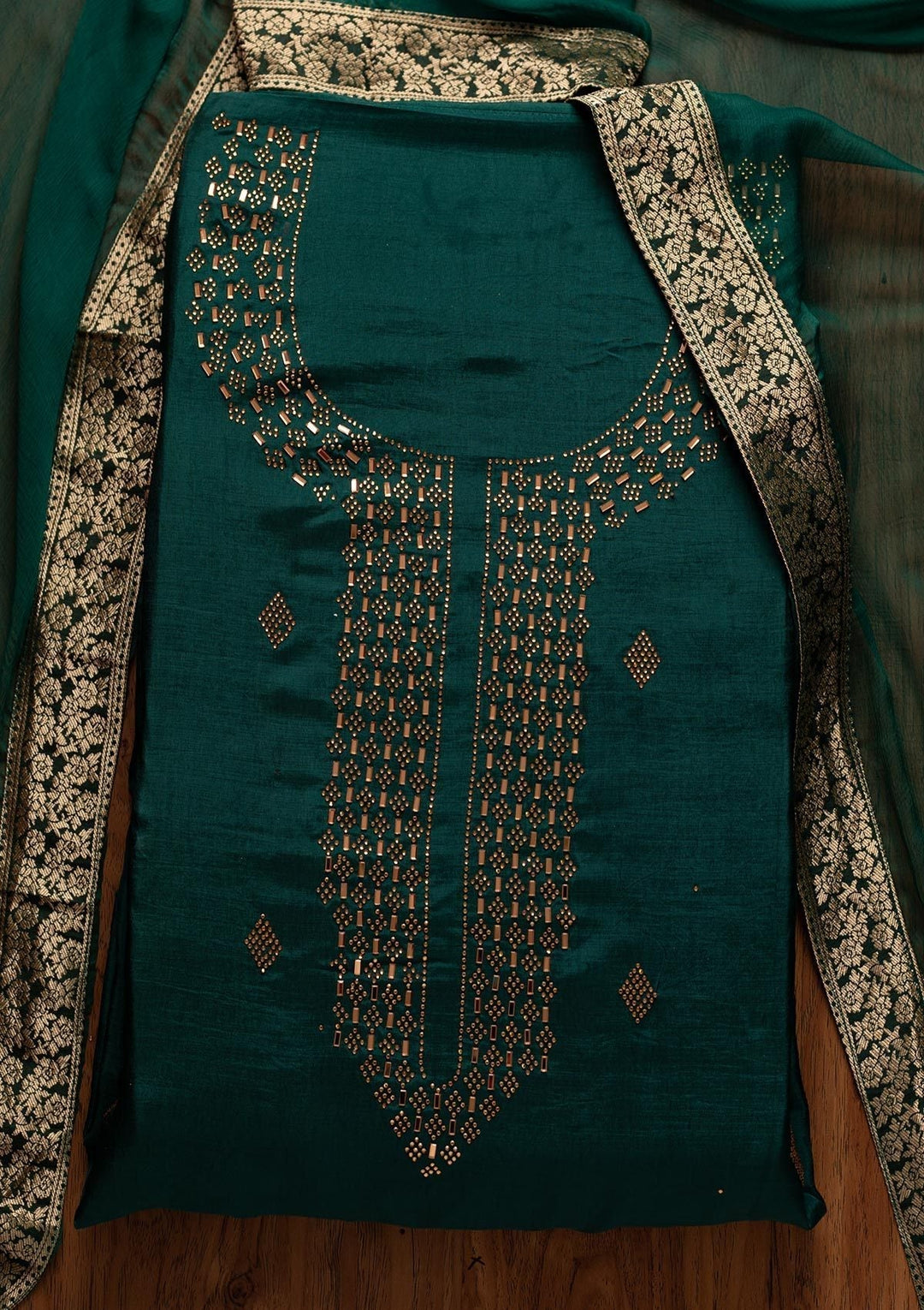 Peacock Green Swarovski Satin Designer Unstitched Salwar Suit - koskii
