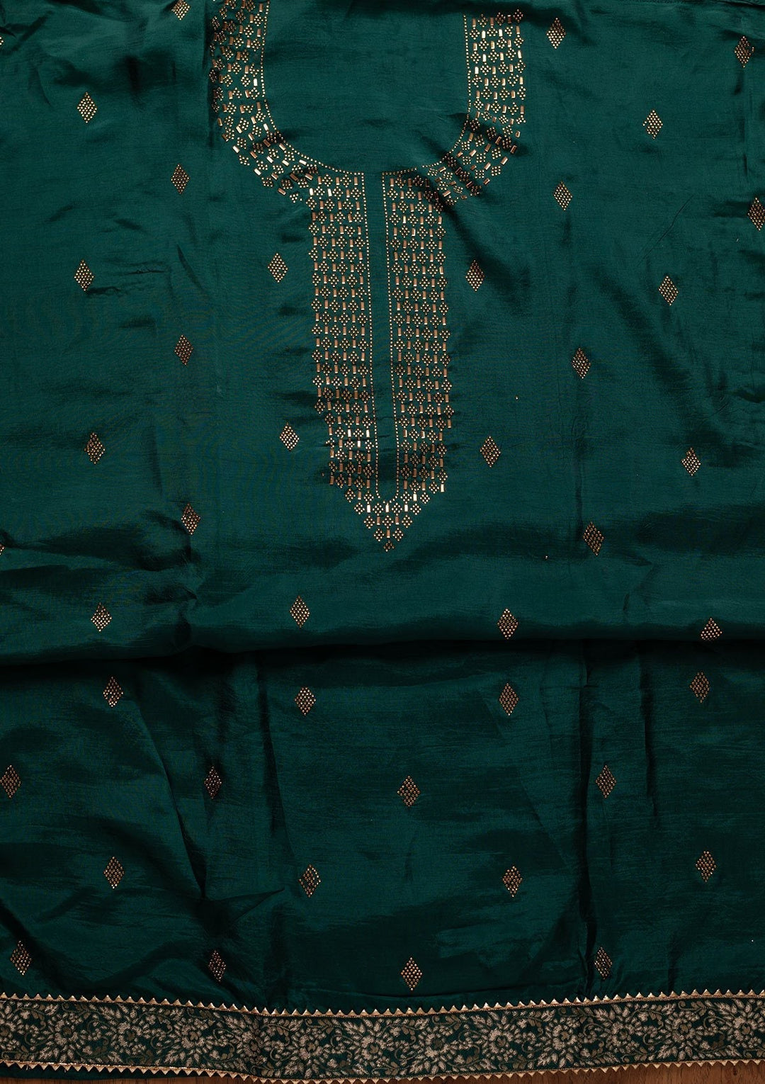 Peacock Green Swarovski Satin Designer Unstitched Salwar Suit - koskii