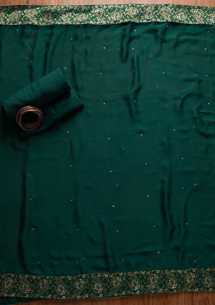 Peacock Green Swarovski Satin Designer Unstitched Salwar Suit - koskii