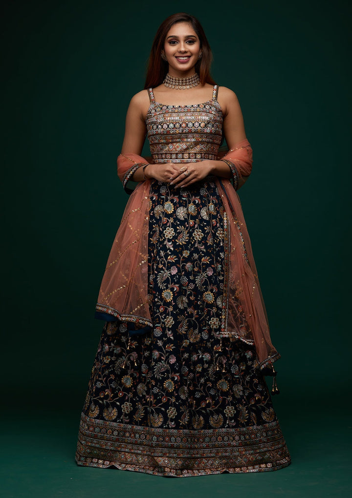 Peacock Green Threadwork Georgette Designer Lehenga - Koskii