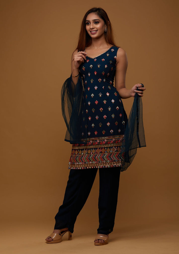 Peacock Green Threadwork Georgette Designer Salwar Suit - Koskii