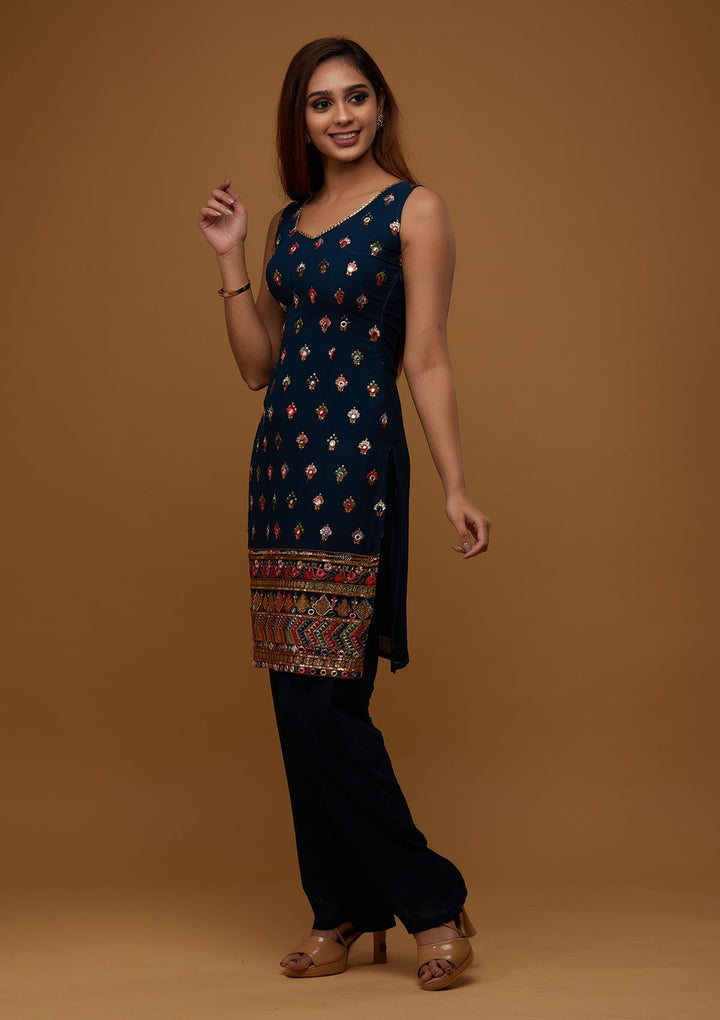 Peacock Green Threadwork Georgette Designer Salwar Suit - Koskii