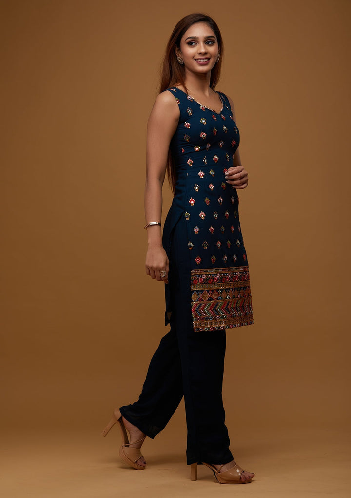 Peacock Green Threadwork Georgette Designer Salwar Suit - Koskii