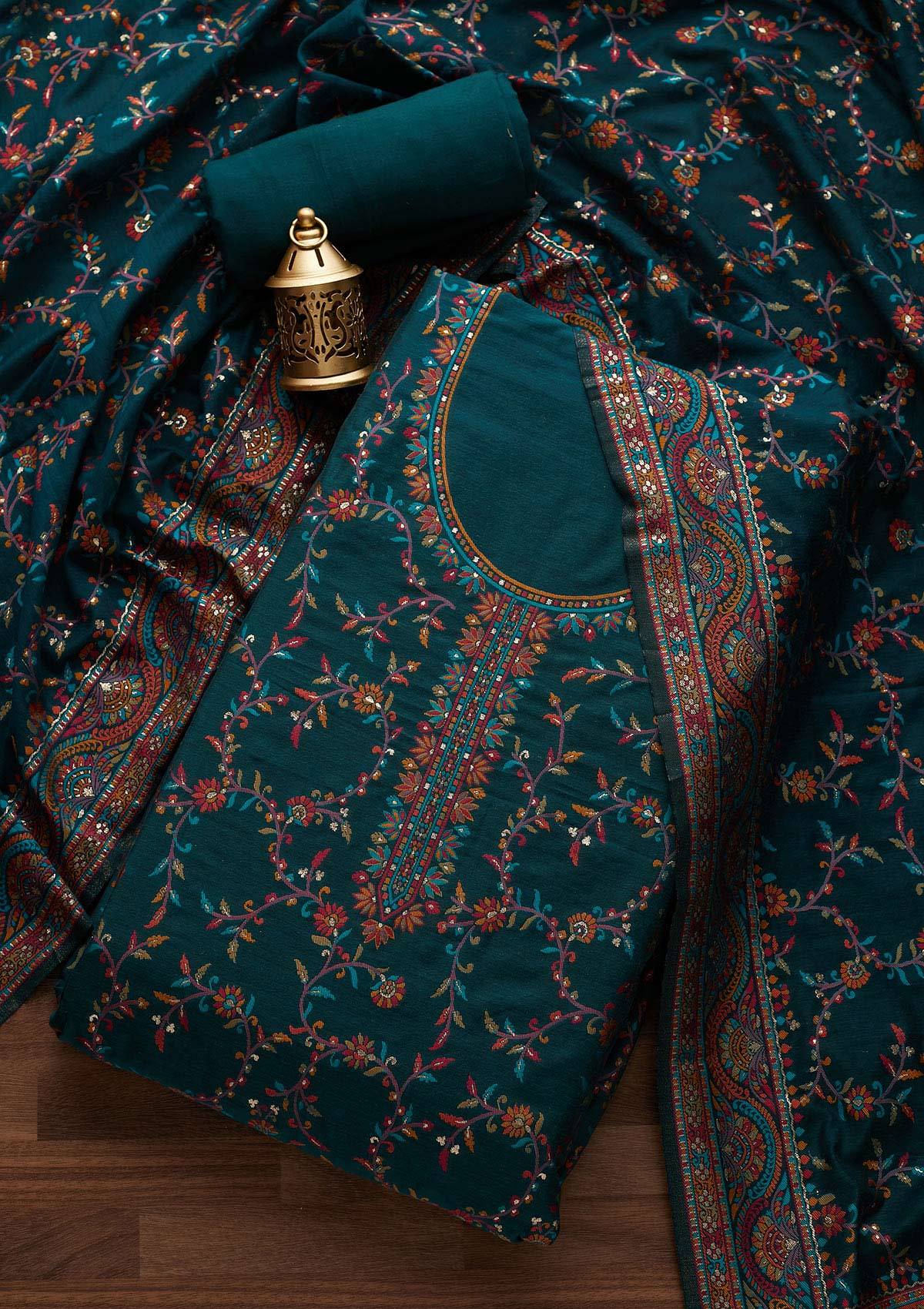 Peacock Green Threadwork Georgette Unstitched Salwar Suit - Koskii