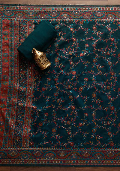 Peacock Green Threadwork Georgette Unstitched Salwar Suit - Koskii