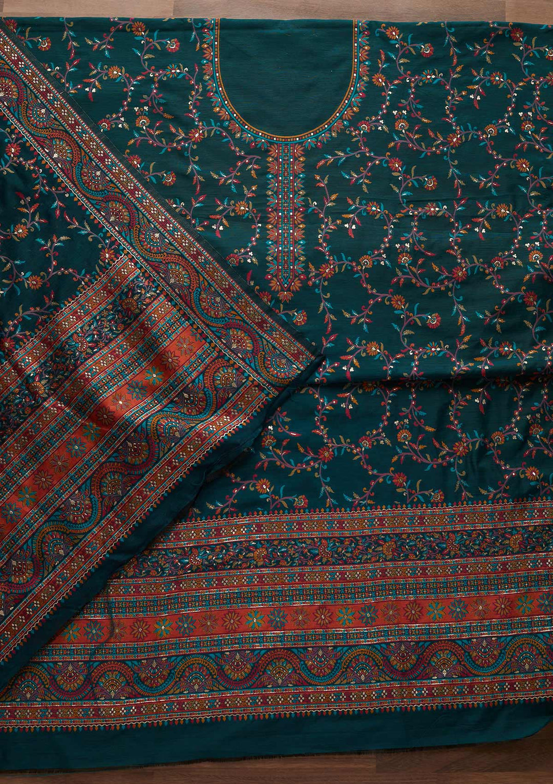 Peacock Green Threadwork Georgette Unstitched Salwar Suit - Koskii