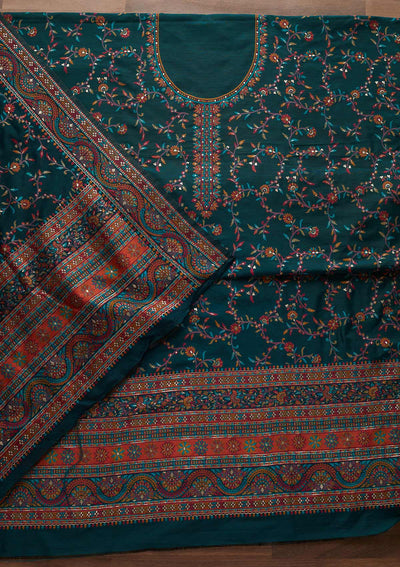 Peacock Green Threadwork Georgette Unstitched Salwar Suit - Koskii
