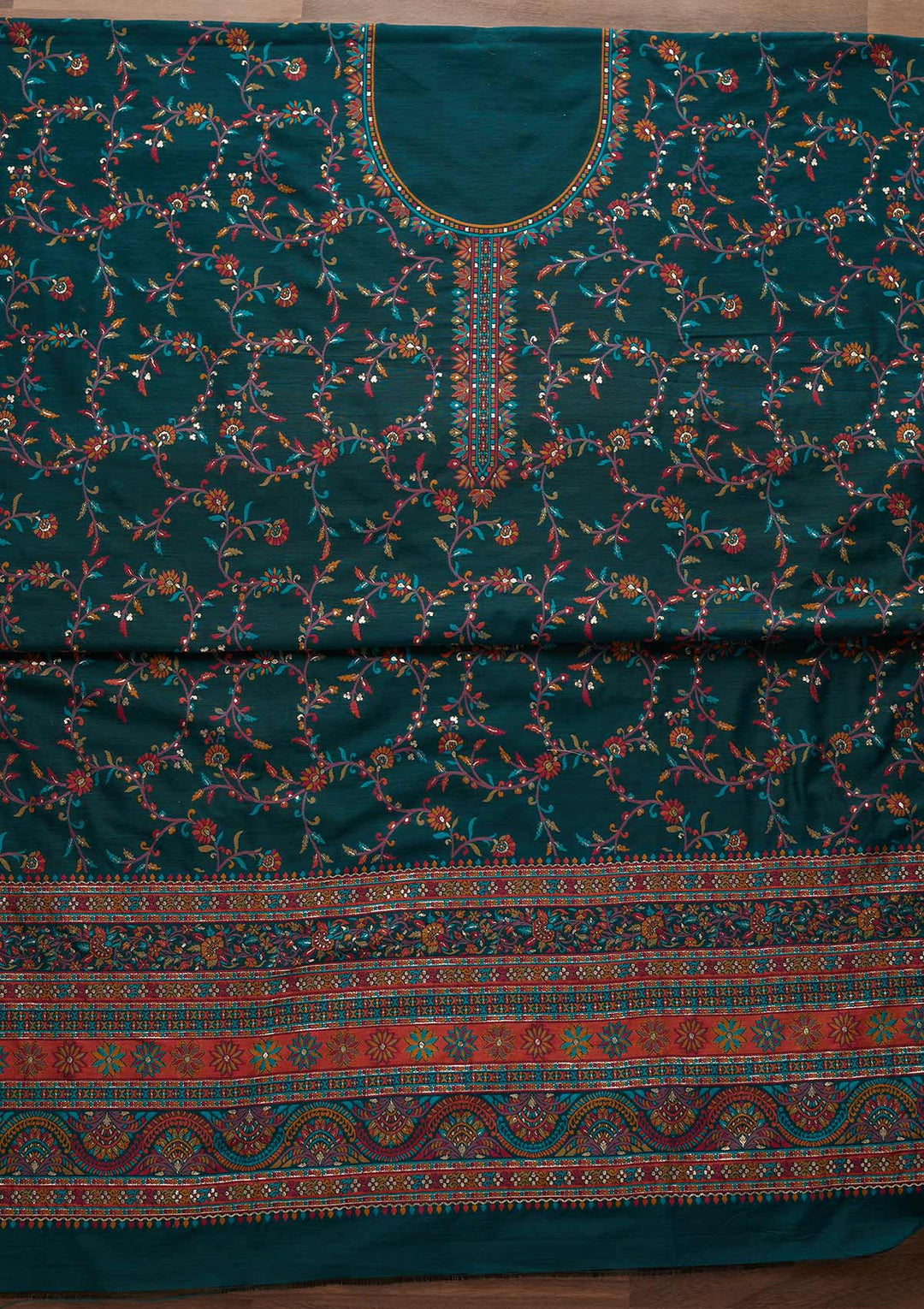 Peacock Green Threadwork Georgette Unstitched Salwar Suit - Koskii