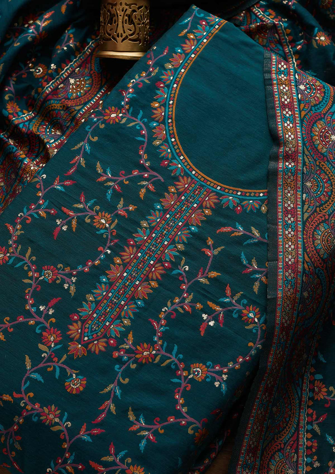 Peacock Green Threadwork Georgette Unstitched Salwar Suit - Koskii