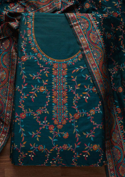 Peacock Green Threadwork Georgette Unstitched Salwar Suit - Koskii