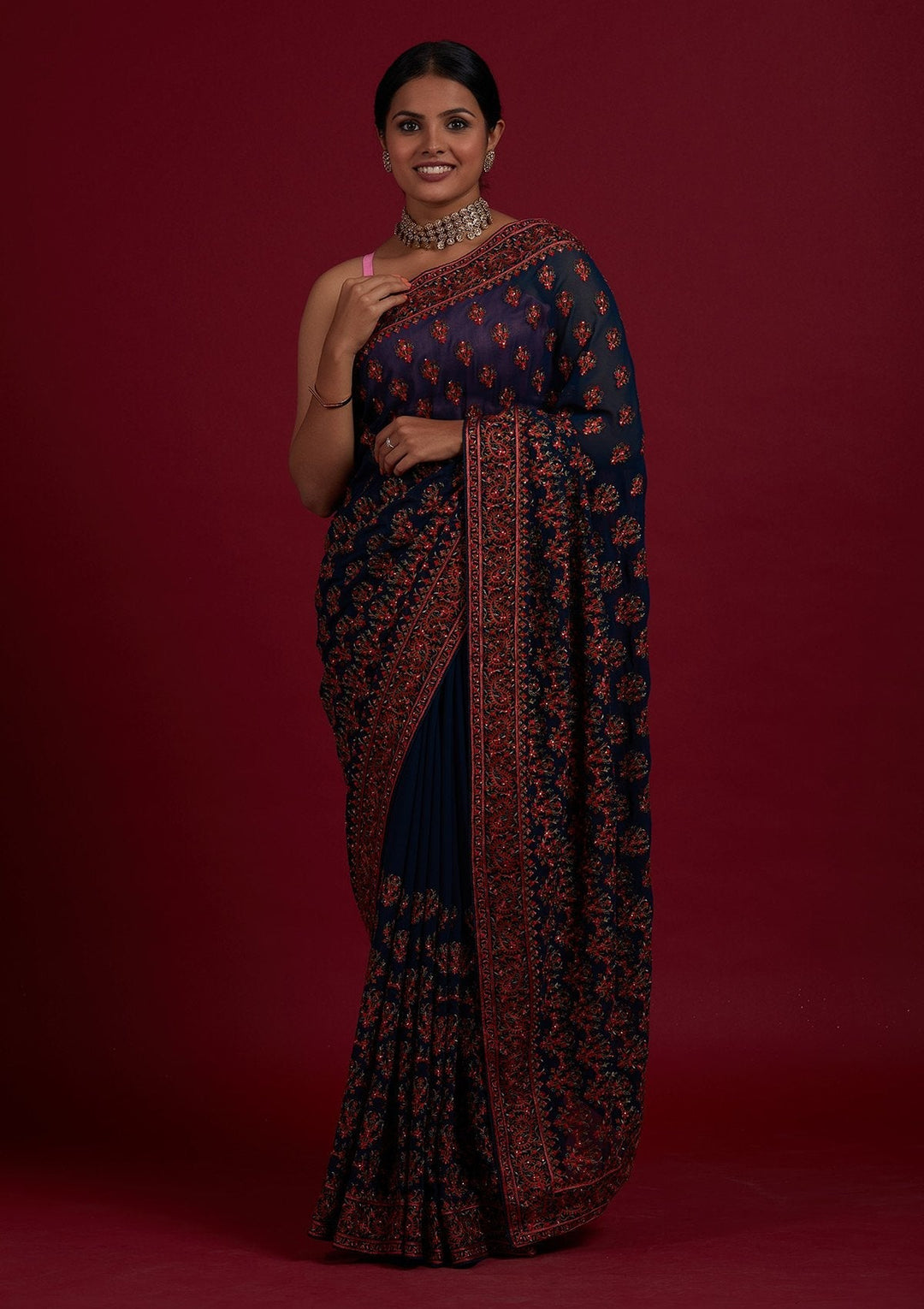 Peacock Green Threadwork Georgette Designer Saree - Koskii