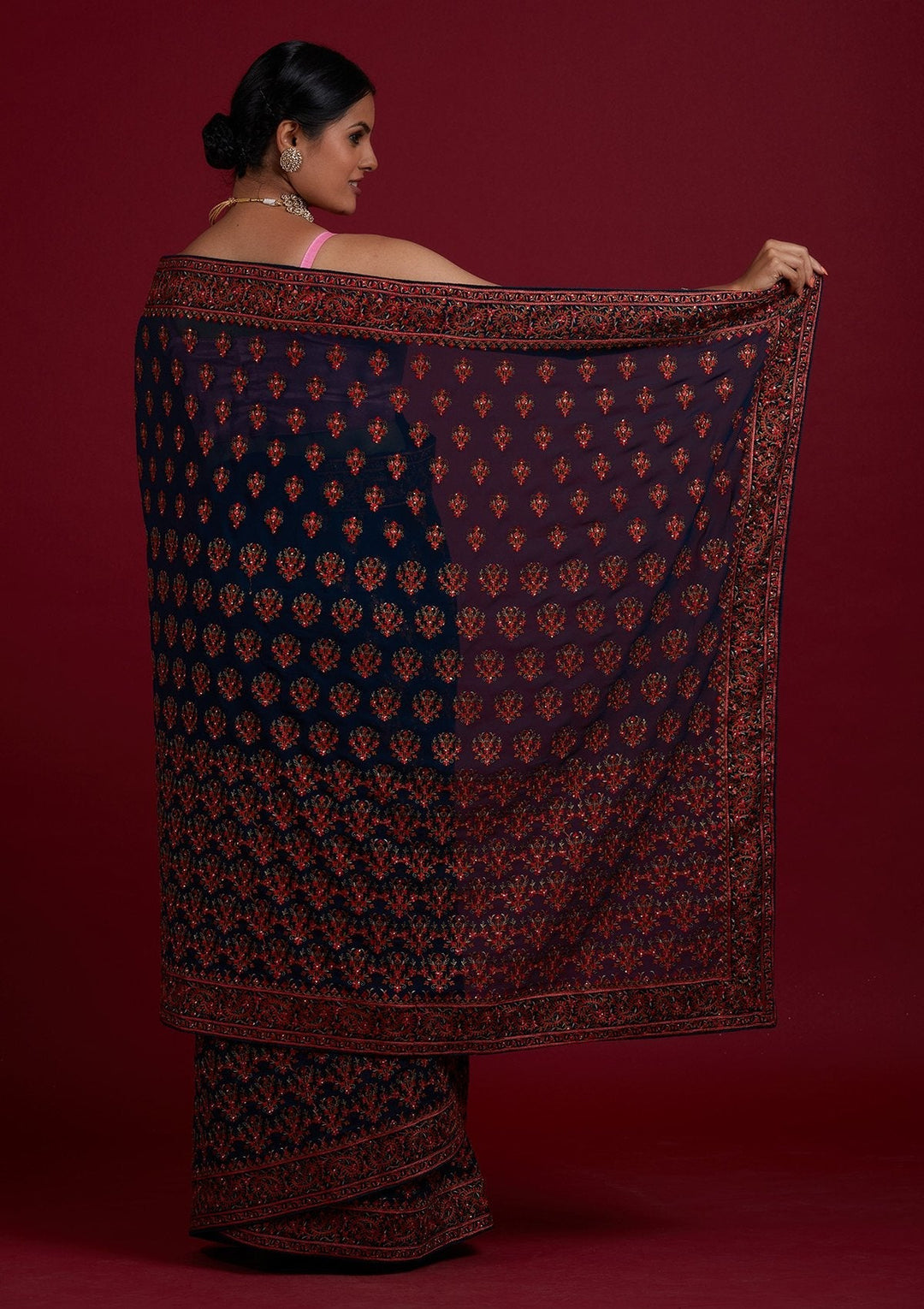 Peacock Green Threadwork Georgette Designer Saree - Koskii