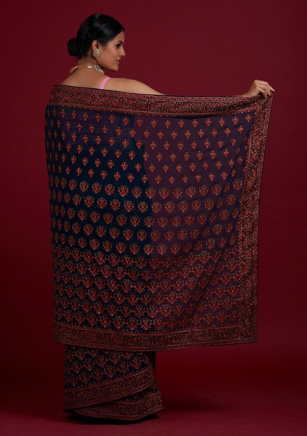 Peacock Green Threadwork Georgette Designer Saree - Koskii