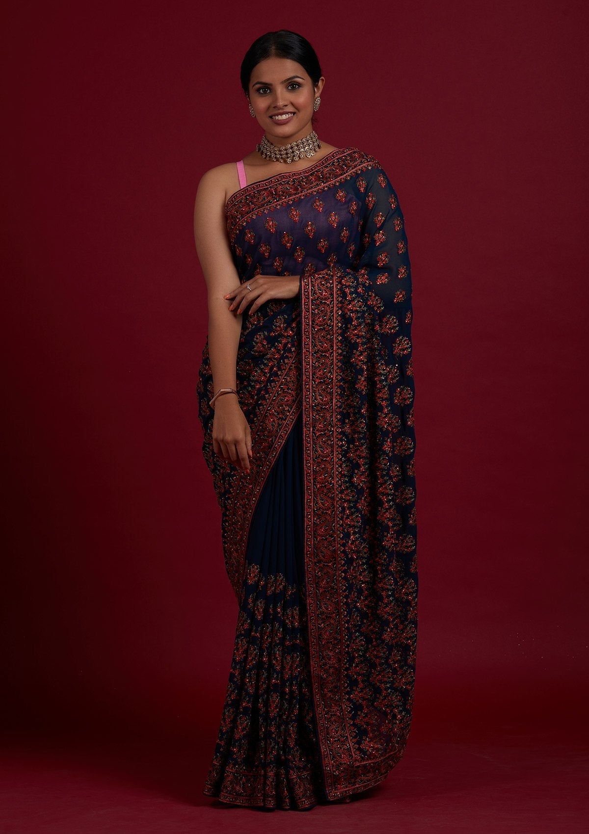 Peacock Green Threadwork Georgette Designer Saree - Koskii