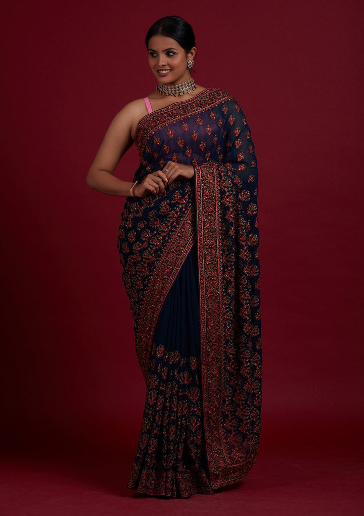 Peacock Green Threadwork Georgette Designer Saree - Koskii