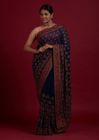 Peacock Green Threadwork Georgette Designer Saree - Koskii