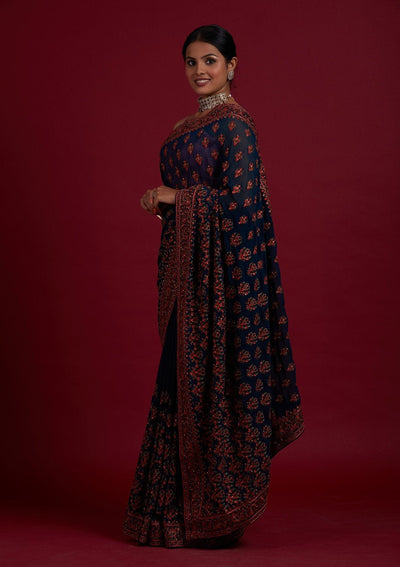 Peacock Green Threadwork Georgette Designer Saree - Koskii