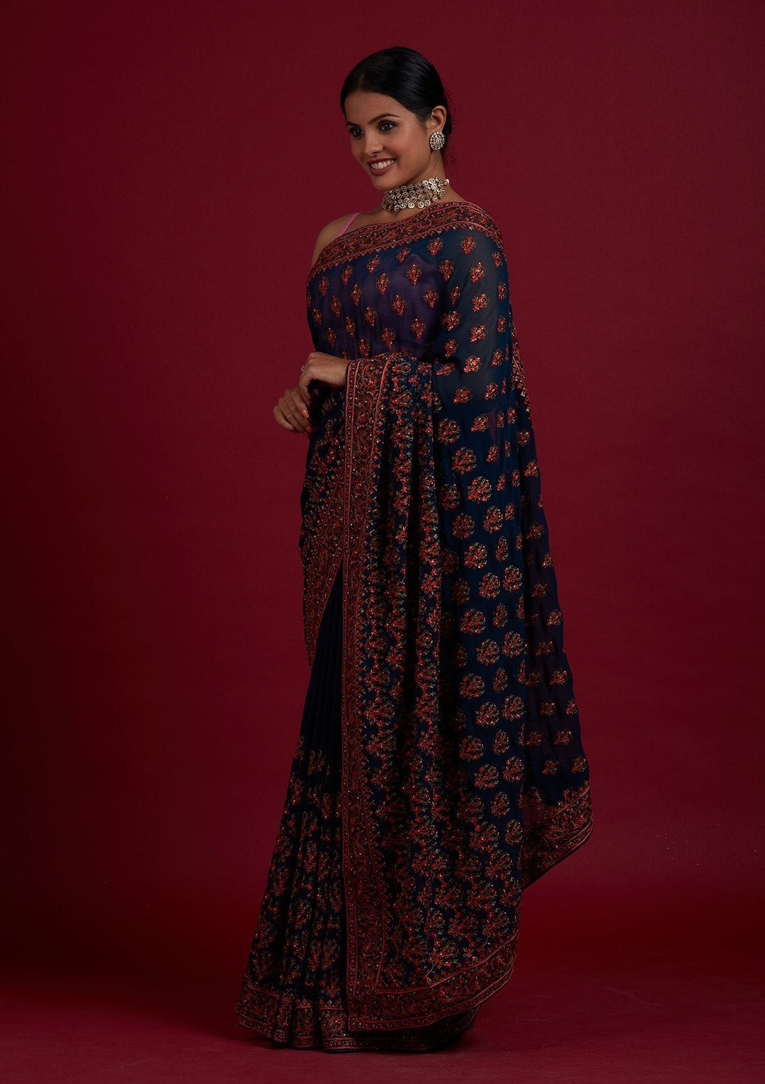 Peacock Green Threadwork Georgette Designer Saree - Koskii