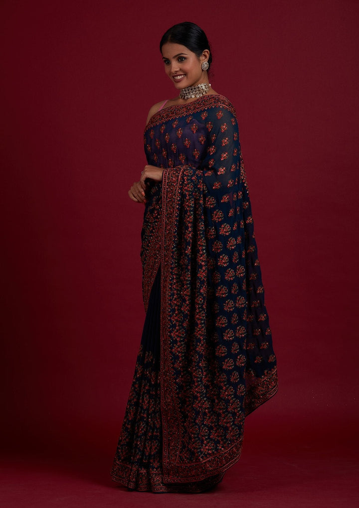 Peacock Green Threadwork Georgette Designer Saree - Koskii