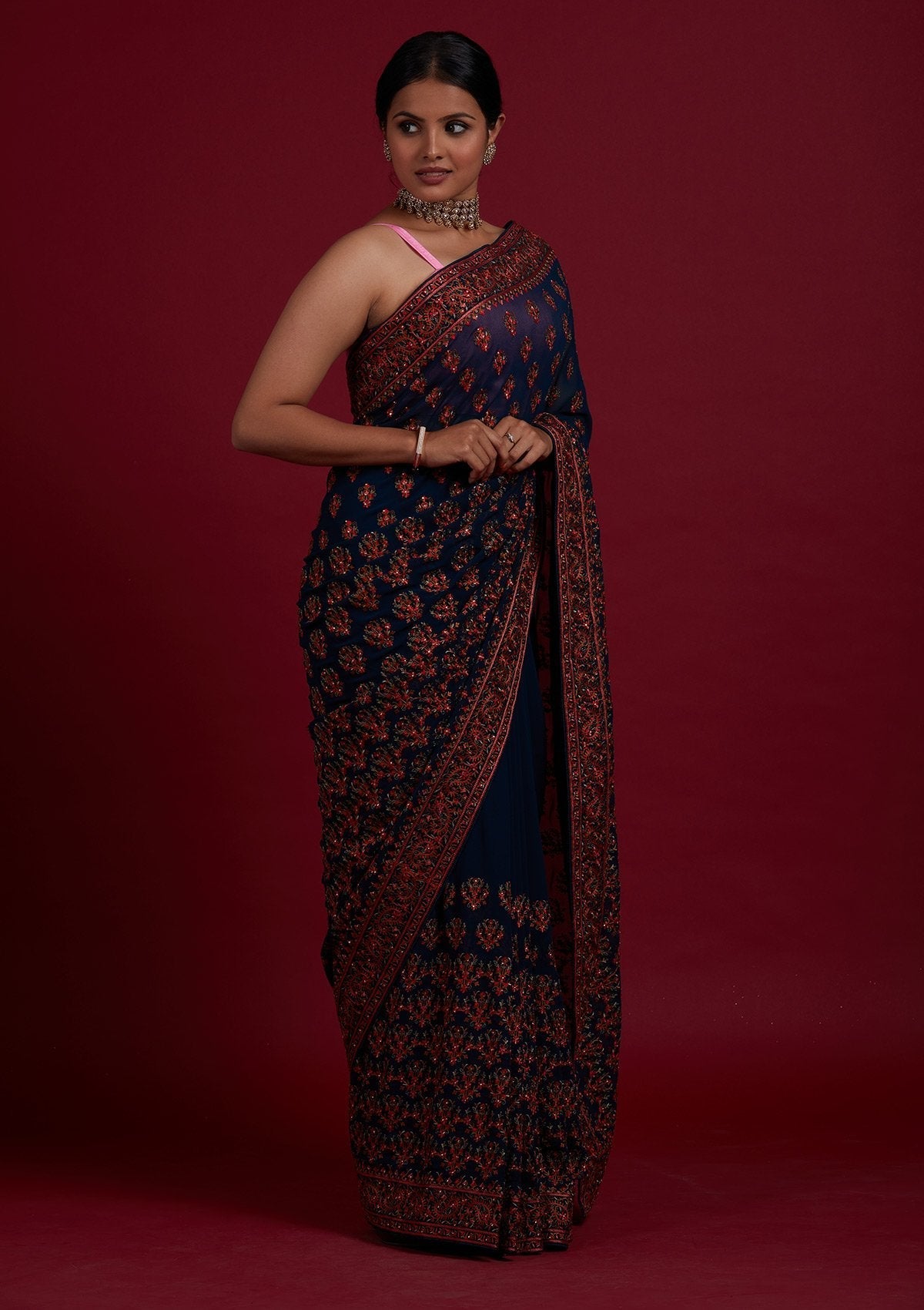 Peacock Green Threadwork Georgette Designer Saree - Koskii
